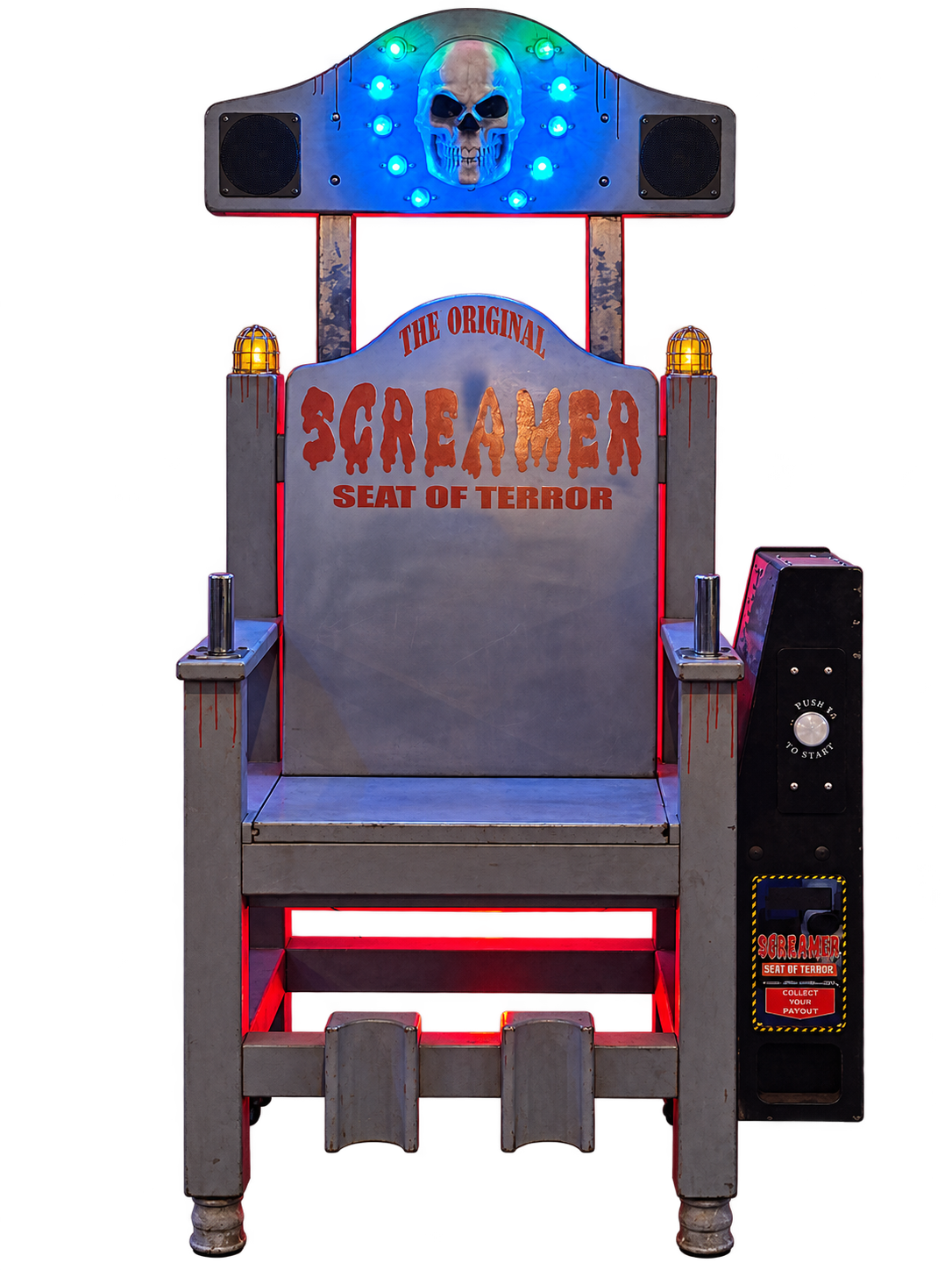 The grey Screamer electric chair arcade game with red lighting, blood accents and skull detail